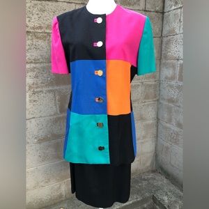 Vintage Maggy London Color Block Gold Tone Big Button 2 Piece Suit